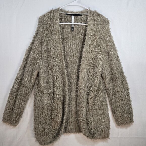 Kensie Beige Long Open Front Cardigan Eyelash Soft Fuzzy Sweater Size L Womens - Picture 1 of 11